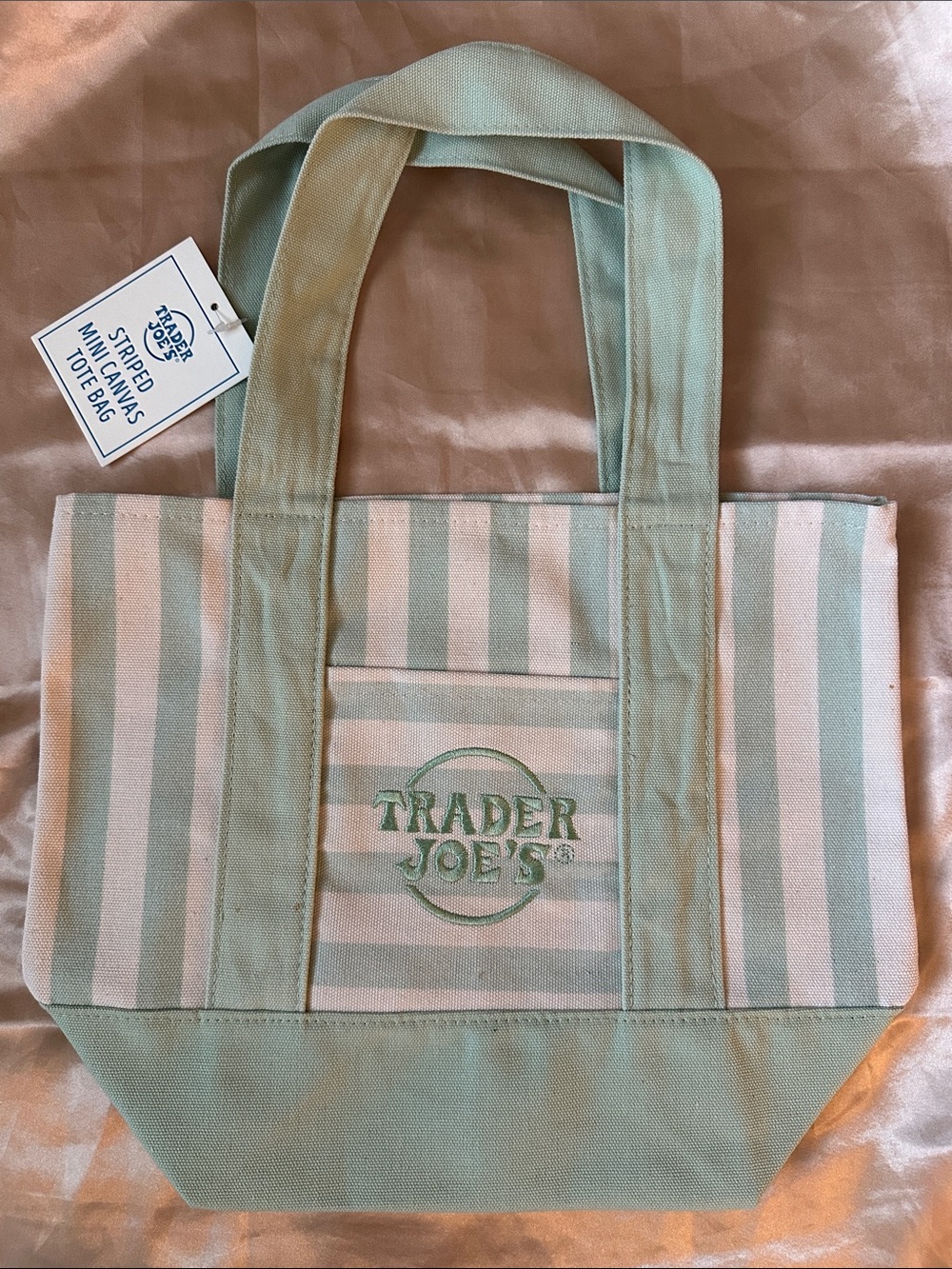 NWT Trader Joe's Pastel Green and Cream Striped Mini Tote Bag